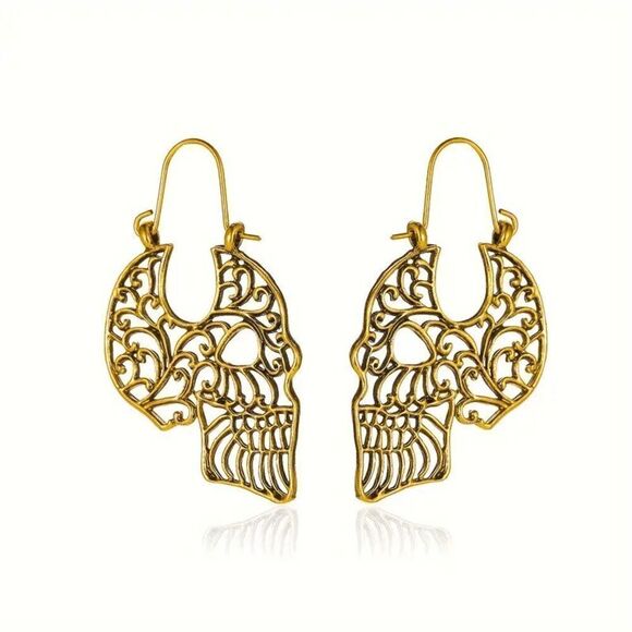 GOLD HOLLOW FILIGREE SKULL DESIGN EARRINGS - Picture 1 of 4